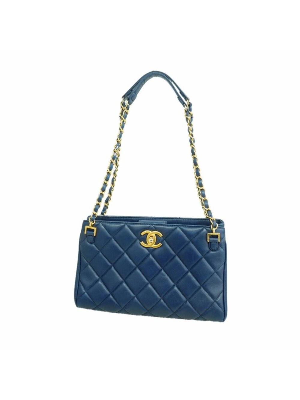 Chanel Shoulder Bag Quilted Lambskin Blue Gold